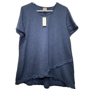 Chico's Women's Top Size 2 US L Navy Fringe Asymmetrical Hemline Short Sleeve